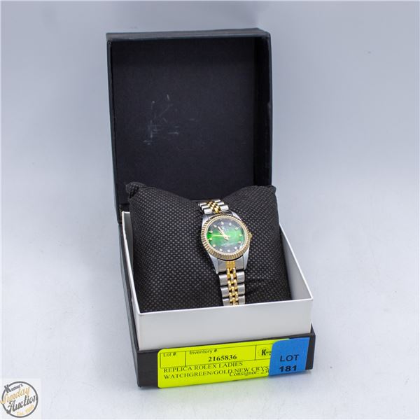 REPLICA ROLEX LADIES WATCHGREEN/GOLD NEW CRYSTAL