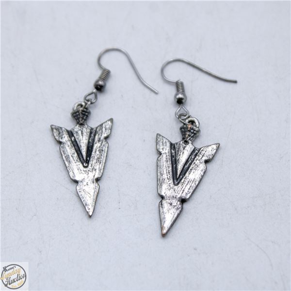 "ANTIQUED" SILVER TONED EARRINGS ARROWHEAD DROP