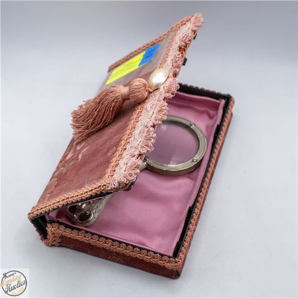 VINTAGE PINK FABRIC BOX WITH BEJEWELED MAGNIFYING