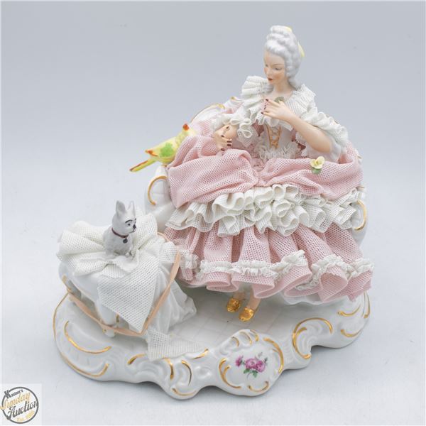 VINTAGE LADY IN PINK DRESDEN LACE PORCELAIN