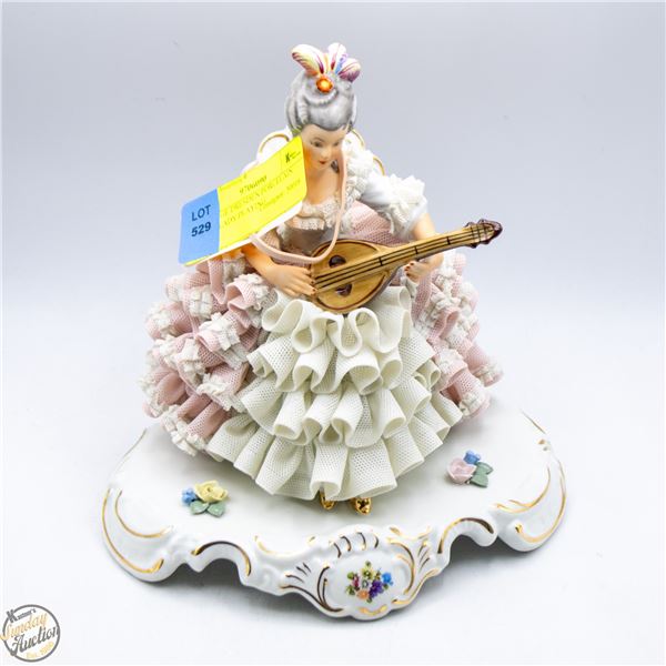 VINTAGE DRESDEN PORCELAIN LACE LADY PLAYING