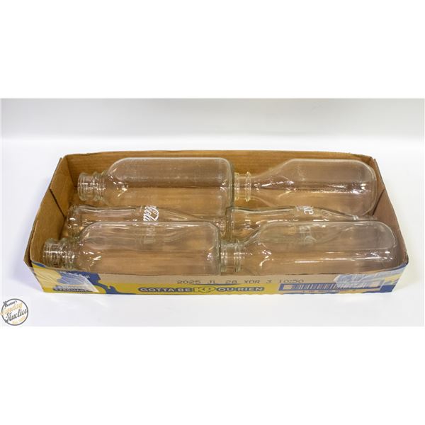 FLAT OF VINTAGE GLASS MILK BOTTLES (4) + 2 COCA-