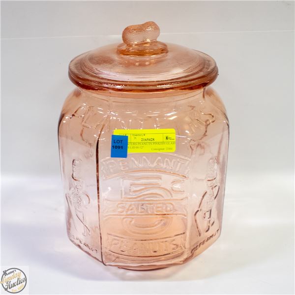 PLANTERS PEANUTS PINKISH GLASS WITH LID H-12"