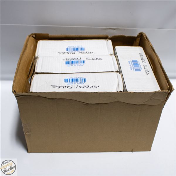 CASE OF ORANGE AND GREEN LIGHTBULBS