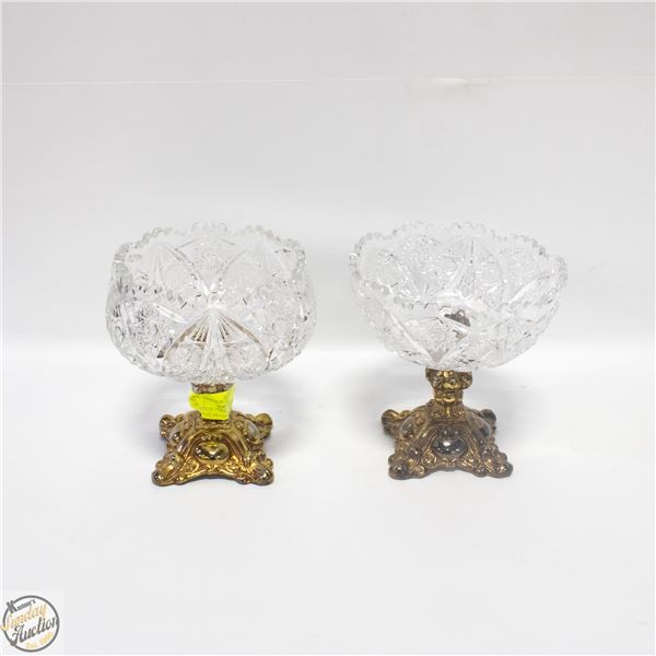 2 VINTAGE CUT GLASS CRYSTAL COMPOTE BRASS STAND