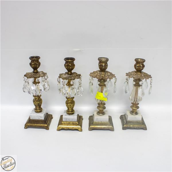 4 VINTAGE CRYSTAL/BRASS CANDLE HOLDERS MARBLE