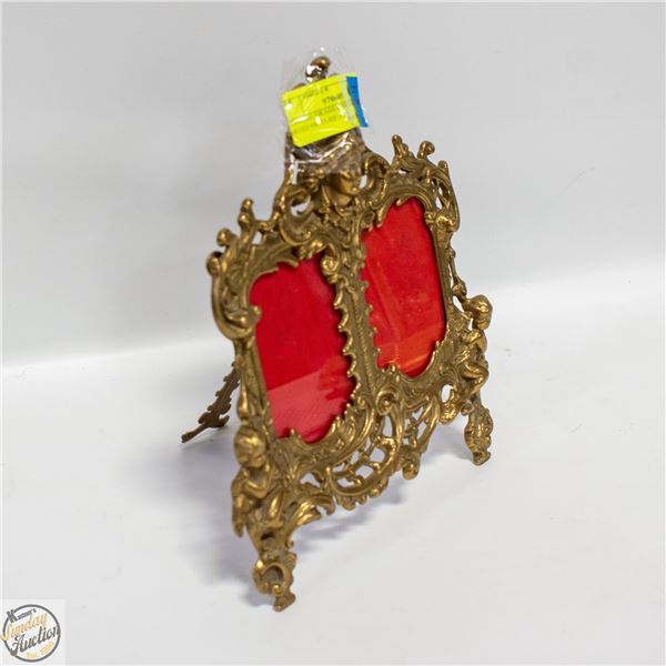 VINTAGE BRASS CHERUB DOUBLE PHOTO PICTURE FRAME