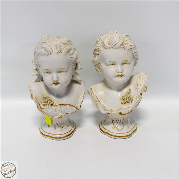 2 VINTAGE CERAMIC GLASS MEISSEN BUST OF CHILDREN