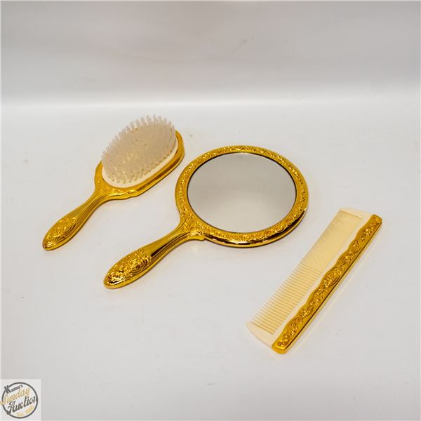 VINTAGE VANITY MIRROR BRUSH COMB SET ROSE PATTERN