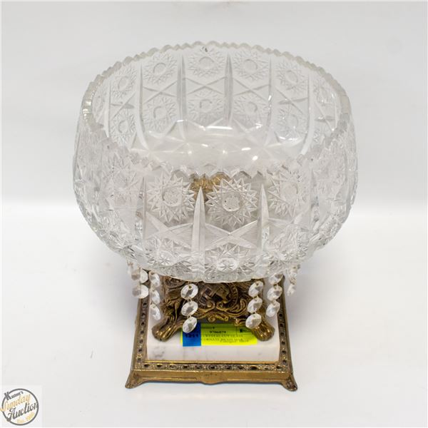 VINTAGE CRYSTAL CUT GLASS BOWL ON A BRASS