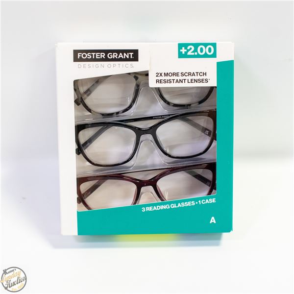 FOSTER GRANT 3 READING GLASSES, 1 CASE, +2.00