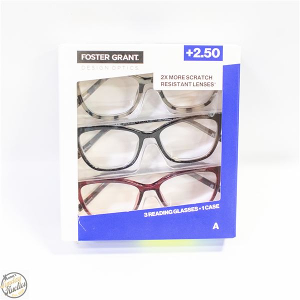 FOSTER GRANT 3 READING GLASSES, 1 CASE, +2.50