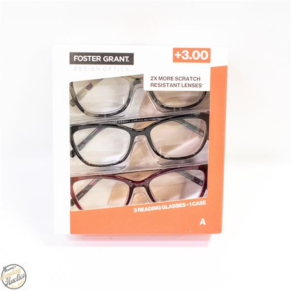 FOSTER GRANT 3 READING GLASSES, 1 CASE, +3.00