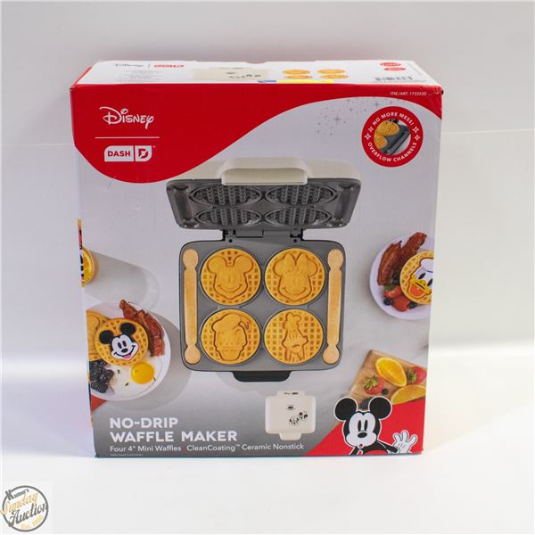 NEW DISNEY NO DRIP WAFFLE MAKER, 4 MINI WAFFLES