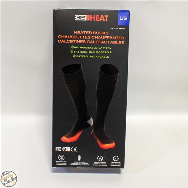 NEW 32 HEAT HEATED SOCKS, SIZE L, W/ RECHARGEABLE