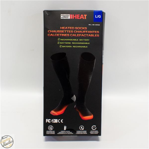 NEW 32 HEAT HEATED SOCKS, SIZE L, W/ RECHARGEABLE