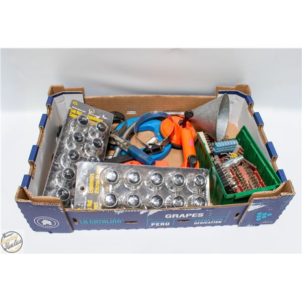 ASSORTED TRY INCLUDING LUG NUT COVERS AND FISH TAP