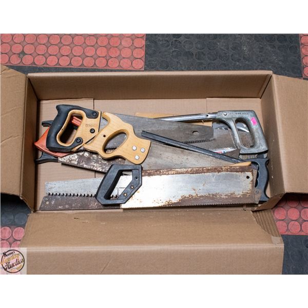 BOX OF ASSORTED HAND SAWS AND SAW BLADES