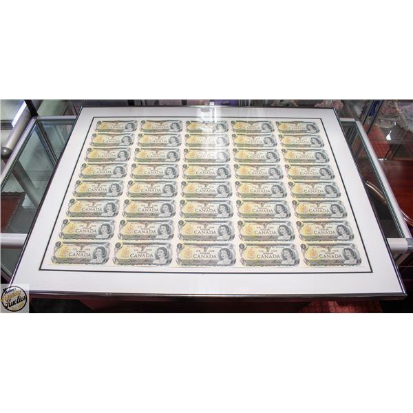 UNCUT SHEET OF 40 X $1 CANADIAN BILLS 1973 FRAMED