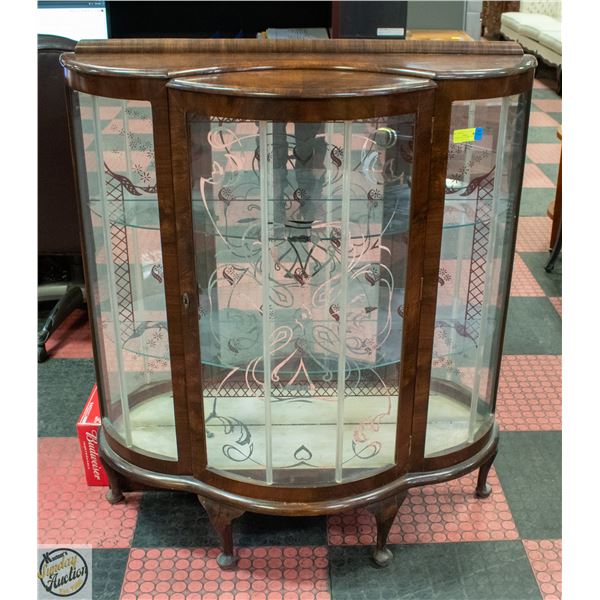 ANTIQUE CURIO CABINET CURVED GLASS WITH SKELETON