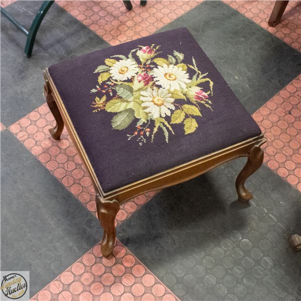 VINTAGE CROSS STITCH/PETIT POINT OTTOMAN/STOOL