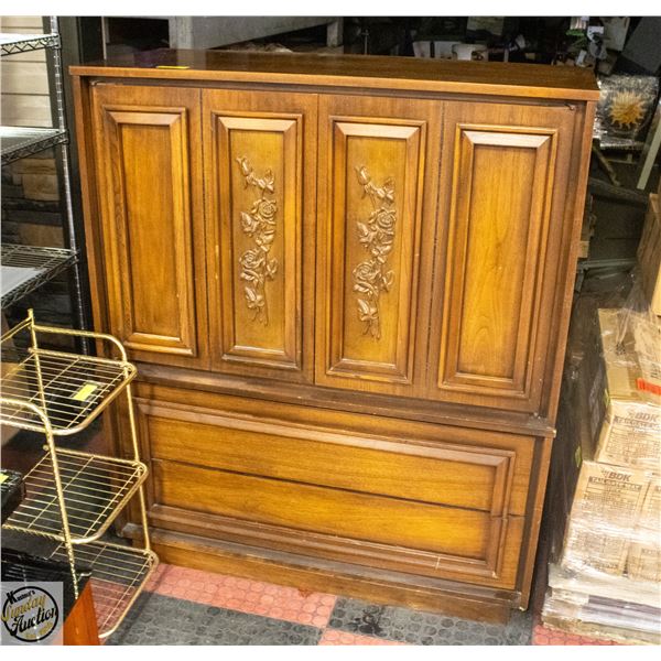 VINTAGE FORAL ENGRAVED WOOD CABINET 50"X42"X15"