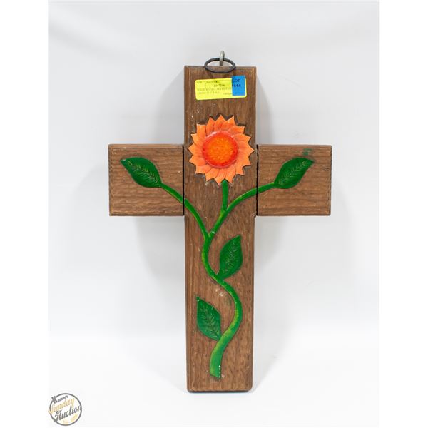 SOLID WOOD CARVED PAINTED CROSS 17.5" TALL,