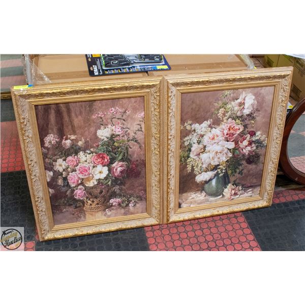 2 VINTAGE FRENCH FLORAL PRINTS IN ORNATE FRAMES