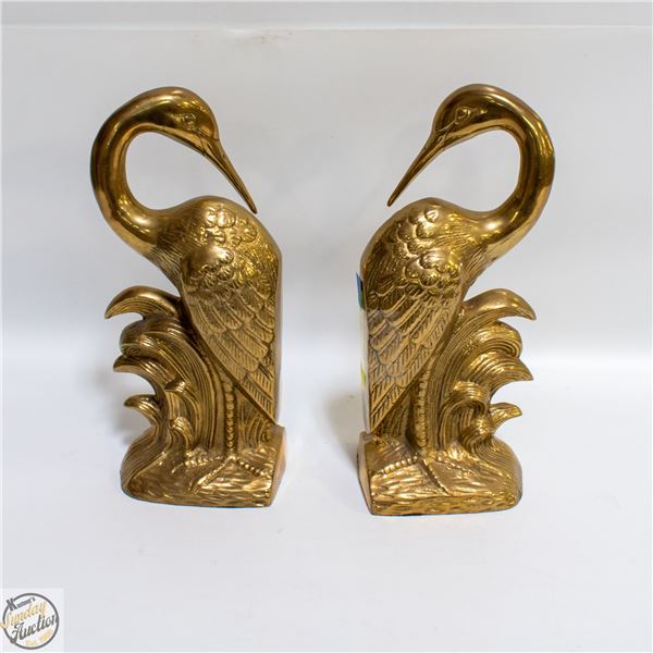 2 VINTAGE SOLID BRASS HERON FIGRINES BOOKENDS