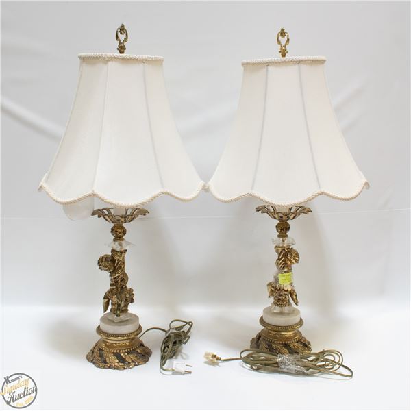 2 VINTAGE CHERUB LAMPS WITH MARBLE BRASS ACCENTS
