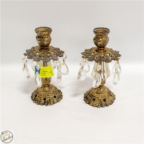 2 VINTAGE BRASS CANDLESTICK CRYSTAL PRISM HOLDER
