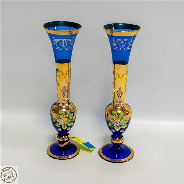 2 VINTAGE BOHEMIAN COBALT BLUE VASES