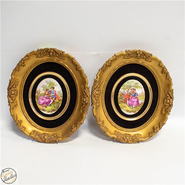 2 VINTAGE WALL PLAQUE FRAMED FRAGONARD PORCELAIN