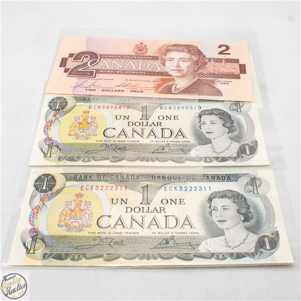 2X1973 $1 NOTES 1X1996 $2 NOTE