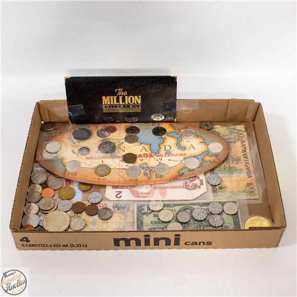 BOX OF CANADIAN & WORLD COINS AND