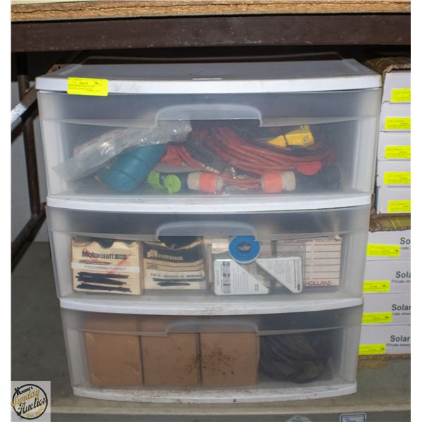 3 BIN STORAGE SHELF WITH ASSORTED GARAGE STUFF