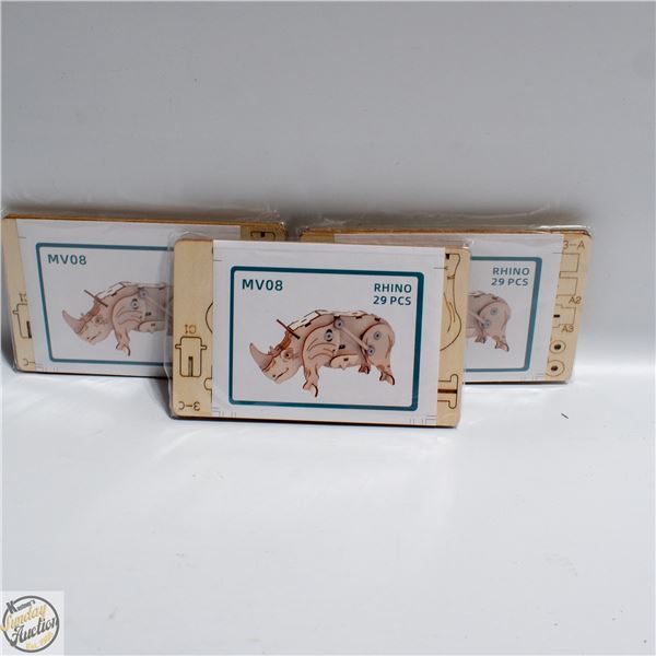 3 X WOODEN RHINO CRAFT KITS WINDUP TOY