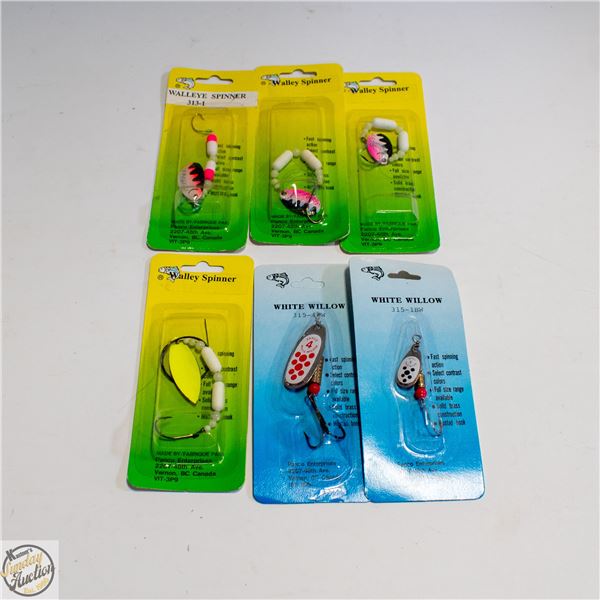 6 FISHING LURES 4 WALLEY SPINNERS+2 WHITE WILLOWS