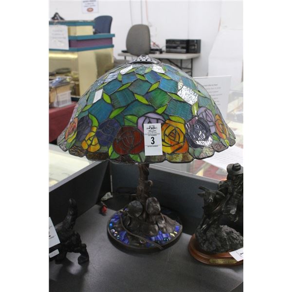 Ornate Bronze Base Floral Leaded Glass Lamp