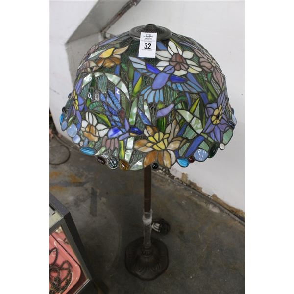 Bronze Style Floor Lamp w/Ornate Glass Leaded Shade
