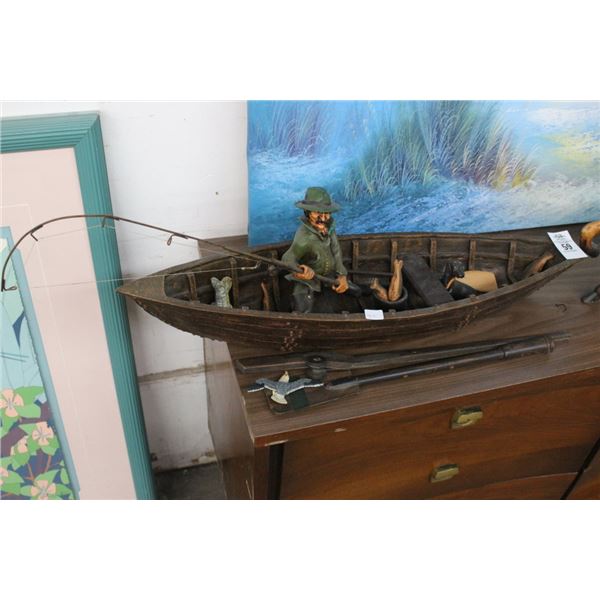 Wooden Boat w/Fisherman/Dog/Fish Décor