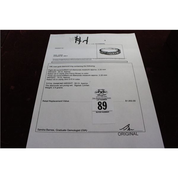 14K Rose Gold Diamond Ring w/8 Round Diamonds Fancy Brown Color and 3 Round