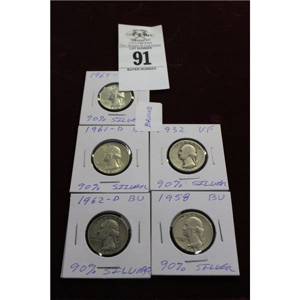 90%  Silver 1960's Quarters - 5