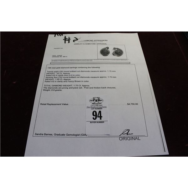 14K Rose Gold Diamond Earrings w/28 Round Diamonds and 74 Round Fancy Brown