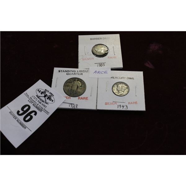 1905 Silver Barber Dime, 1928 Standing Quarter, 1943 Silver Mercury Dime