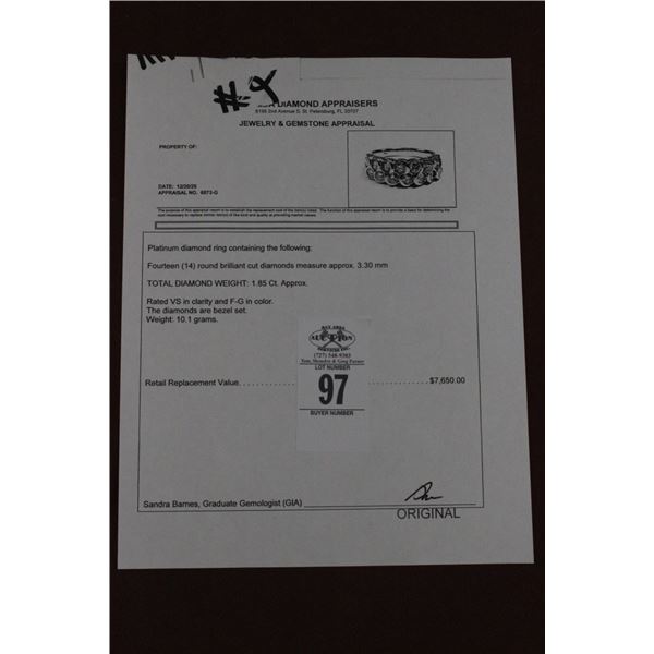 Platinum Diamond Ring w/14 Round Cut Diamonds 10.1G - Replacement Value -