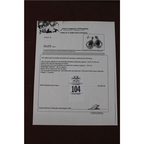 14K YG Ammolite/Diamond Earrings w/2 Pear Cabochon Ammolite Doublets and 72