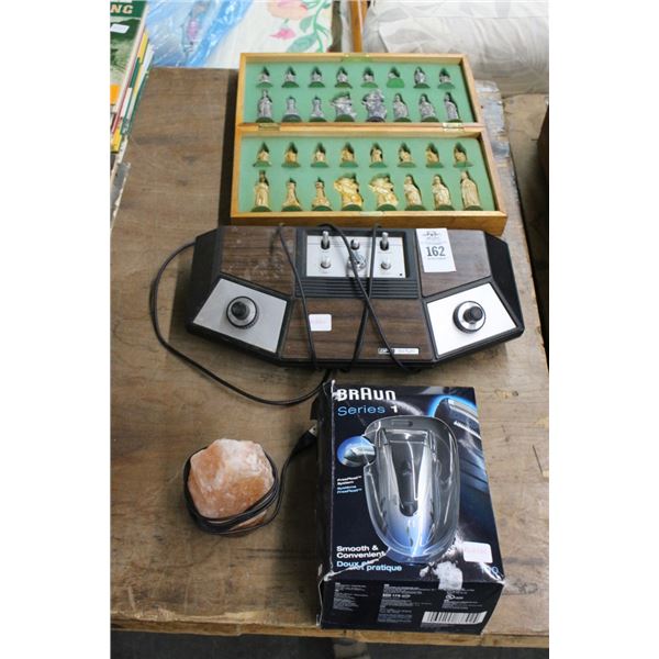 Bronze Shaver, Lighted Rock, TV Controller, Chess Rooks Set