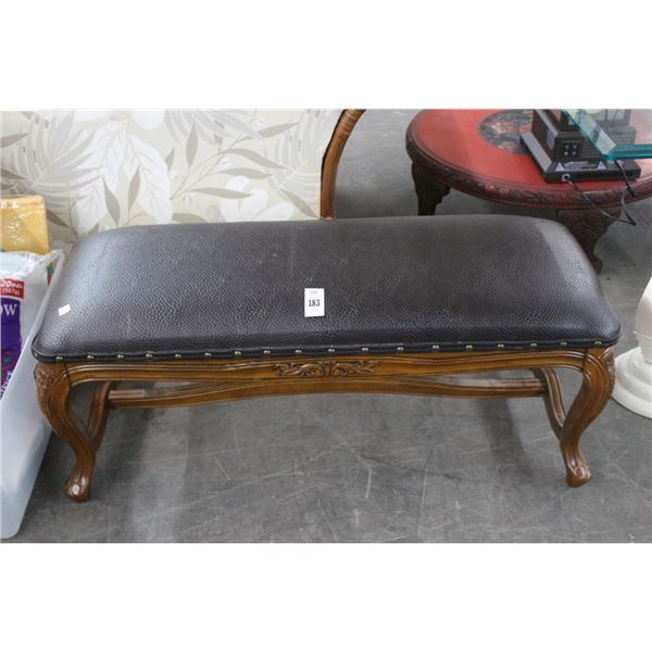 Large Carved Oak Leather Padded Bench