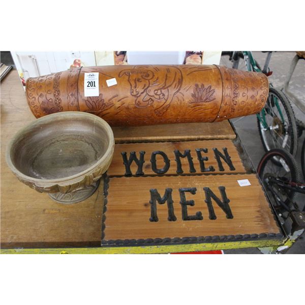 Leather Ornate Bullhorn Stand, Carved Restroom Signs, Footed Bowl